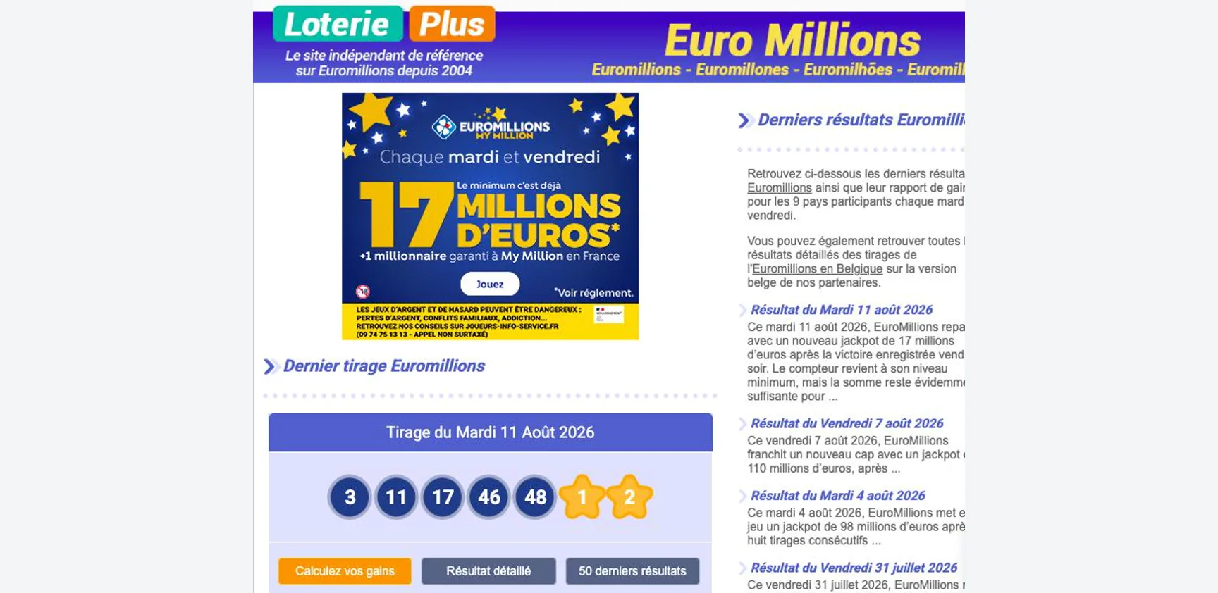 Capture d’écran réelle du site LoteriePlus.com