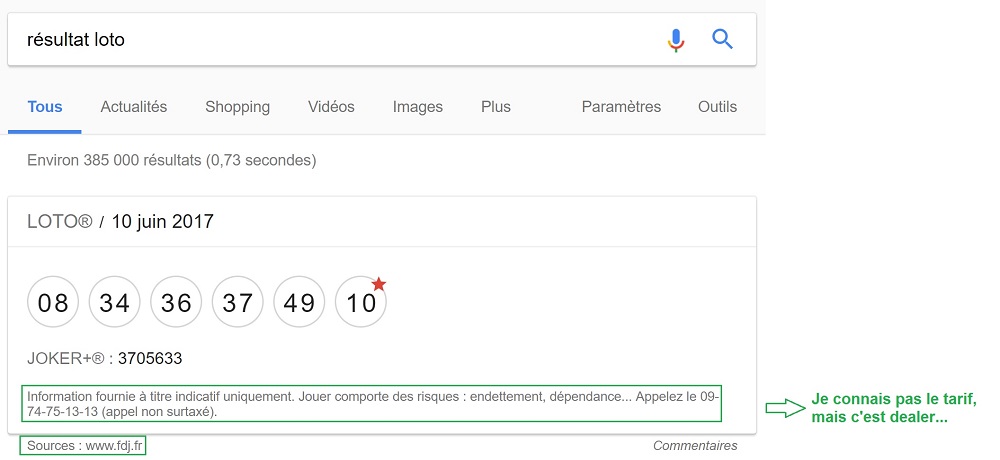 Résultat Loto en P0 sur Google.fr