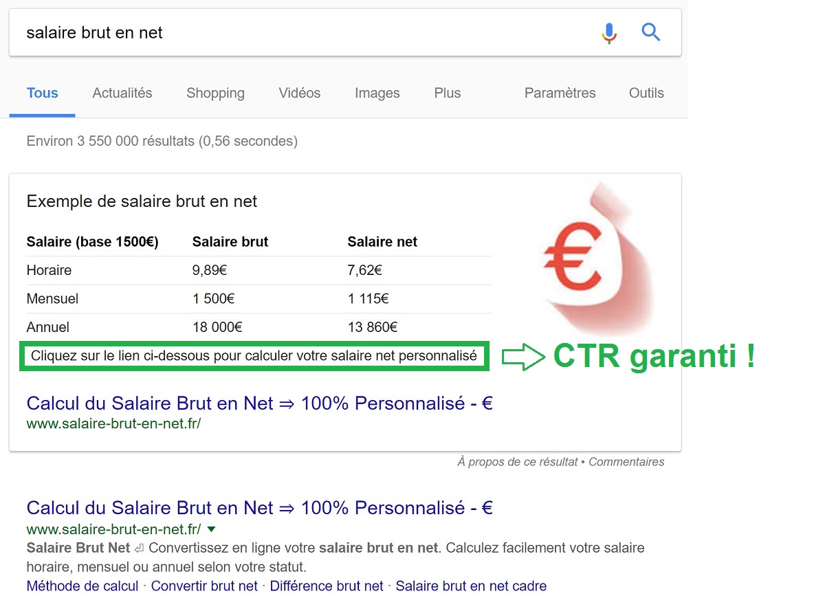 Featured Snippet autour de la requête "salaire brut en net"