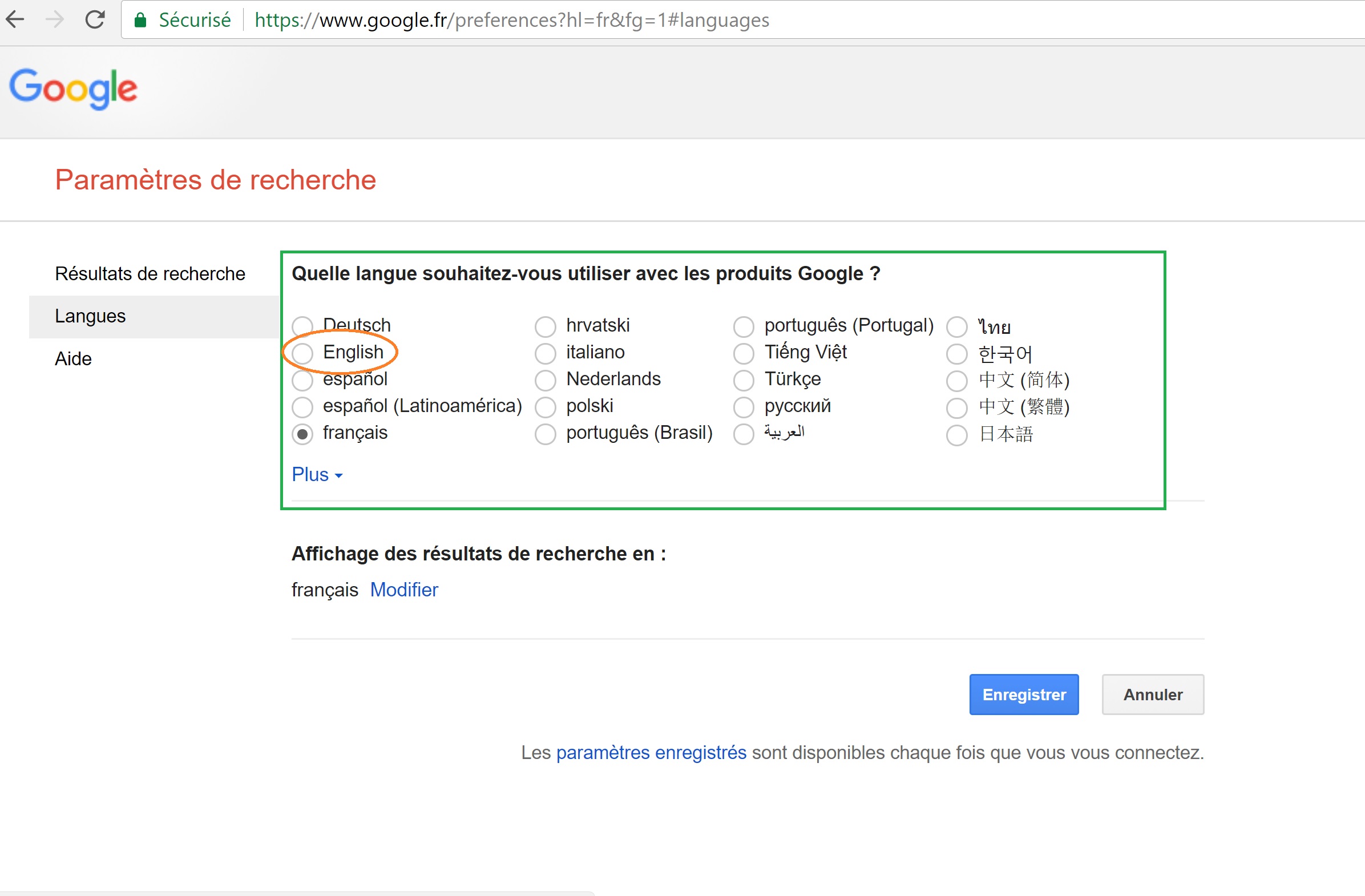 Mettre Google.fr en anglais